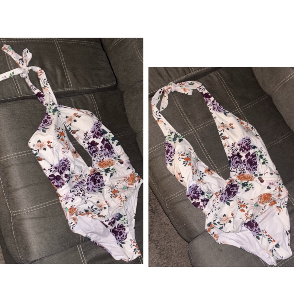 Cupshe White Floral One-Piece Swimsuit with Purple and Orange Blooms